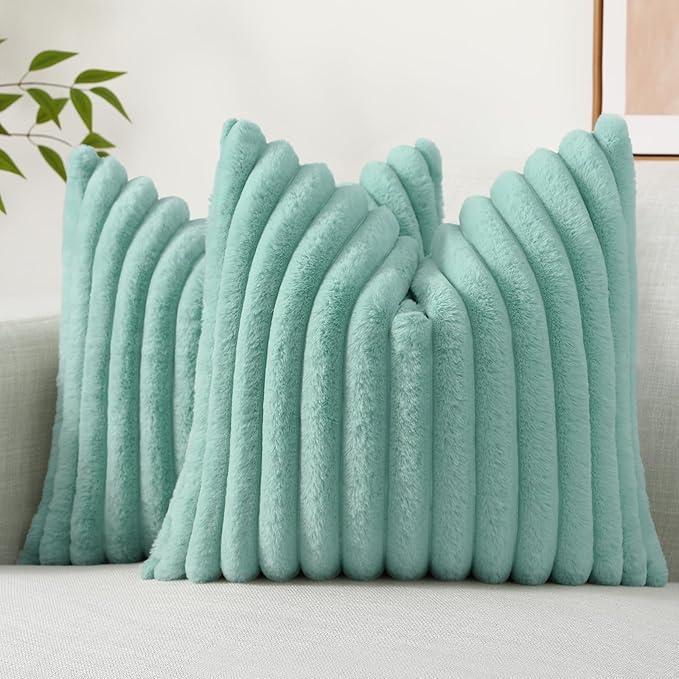 decorUhome Faux Fur Spring Throw Pillow Covers 18x18 Set of 2, Decorative Soft Plush Striped Neutral Couch Pillow Covers with Velvet Back for Sofa, Bed, Living Room Home, Aqua