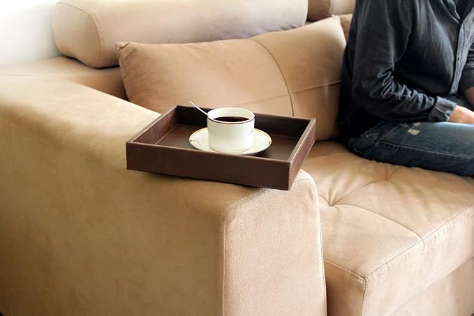 HofferRuffer Decorative Vanity Tray, Desktop Storage Organizer, Catchall Tray, Valet Tray, Nightstand or Dresser Organizer, PU Faux Leather Bathroom Tray, Brown, 10.2 x 8.4 x 1.8 inches