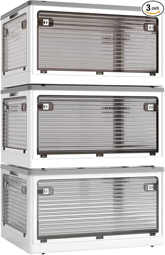 3 PACK Stackable Storage Bins, 50 Liters Closet Organizers with 3 Lids, Wheels, Drawers, Foldable Collapsible Box for Clothes and Camping Out Doors Bins, White