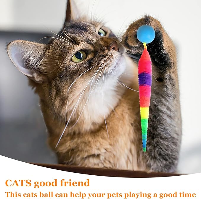 SHENGSEN Bouncy Ball with Tail Cat Toys-5 Packs,Rainbow Small Magic Worm with Ball Toy for Cats,Colorful Fuzzy Worm Bouncy Balls Cat Toy