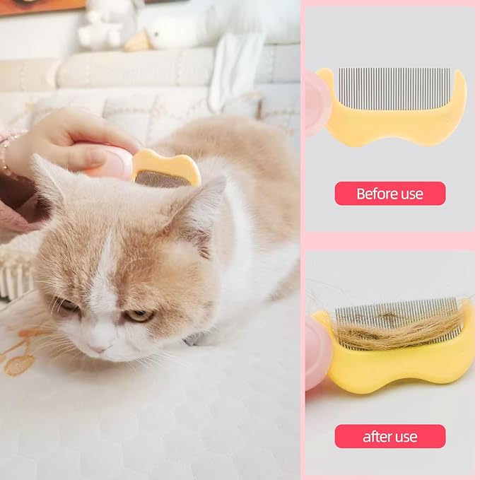Foldable Cat Grooming Comb for Shedding and Face Care, Stainless Steel Brush for Tear Stains and Full-Body Hair, Portable ABS Handle for Cats and Small Dogs (pink‌ + yellow‌)