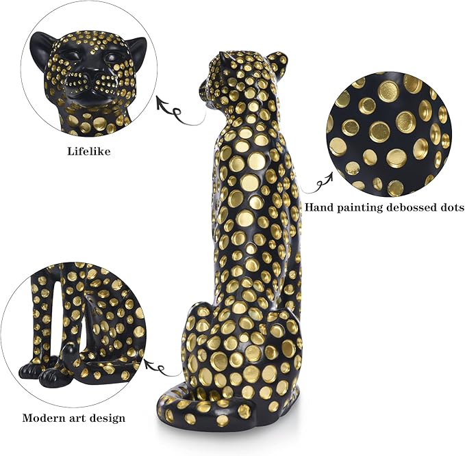 Quoowiit Leopard Sculptures for Home Decor, Modern Sculptures Decorations for Living Room, Bedroom, Table, Bookshelf, Black Resin Leopard Art Decorative Sculpture with Gold Polka Dots Design-Black
