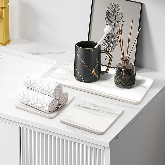 Set of 4 Water Absorbing Stone Drying Tray for Bathroom Sink Kitchen Hand Soap Coaster Diatomite Toothbrush Holder Quick Dry Marble Bathroom Vanity Trays Diatomaceous Earth Dish Kitchen Counter Tray