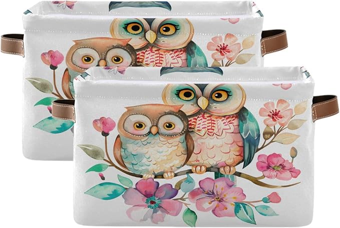 Large Storage Basket Cute Owl Couple Flowers Storage Bin Cube Canvas Fabric Organizer Handles Collapsible for Clothes Toys Bedroom Decorative