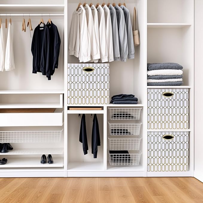 13x13x13 Storage Cube Bins, Collapsible Storage Bins Fabric Storage Cubes Organizer Baskets Box Drawers for Shelves, Closet, Wardrobe, Bookshelf, Cabinet, 4 Pack, White/Shiny Gold