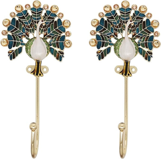 Vintage Peacock Decorative Wall Hooks Rack Hangers for Hanging Clothes Coats Towels Keys Hats, 2 Pack Antique Metal Mounted Wall Hook