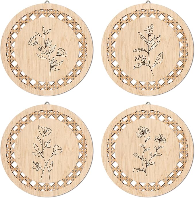 HPNIUB Minimalist Floral Wall Decor, Farmhouse Line Botanical Hanging Wooden Sign Wall Art, 4 Pieces 9.8''x9.8'' Aesthetic Flowers Leaf Wood Plaque, Modern Neutral Pictures for Living Room Office