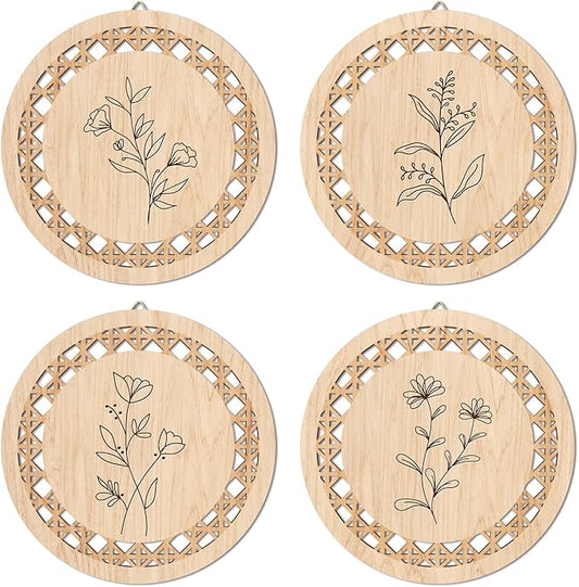 HPNIUB Minimalist Floral Wall Decor, Farmhouse Line Botanical Hanging Wooden Sign Wall Art, 4 Pieces 9.8''x9.8'' Aesthetic Flowers Leaf Wood Plaque, Modern Neutral Pictures for Living Room Office