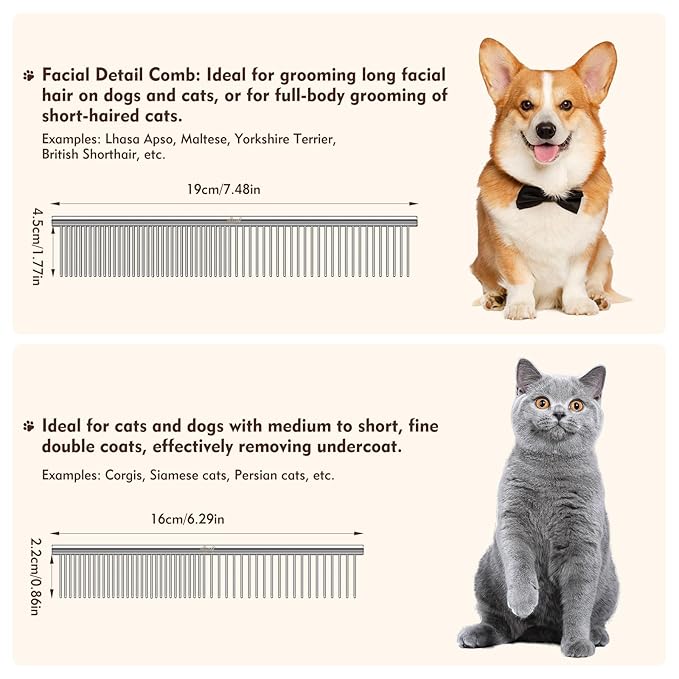 WRW Stainless Steel Dog Combs [4 Pcs], Groom Like a Professional, Coarse Pet Butter Comb for Dog ＆ Cat, Rounded Corners Prevent Friction and Breakage, 4 Sizes of Steel Teeth Fit Most Pet Fur