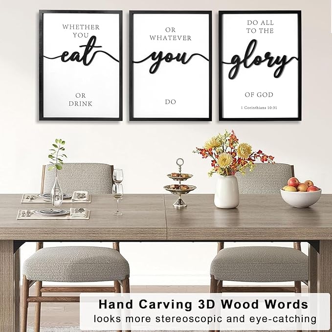 3D Wood Christian Dining Room Wall Art, Framed Bible Verse Wall Art, Jesus Wall Decor for Dining Room Kitchen Living Room Bedroom (Ready to Hang, 12x16 inches, Set of 3, Framed)