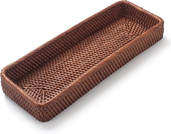 Rattan Bathroom Vanity Trays Toilet Tank Baskets Long Narrow Hand Towel Storage Basket for Storage, Decorative (Honey Brown 16.3 x 6.1 x 2 inch)