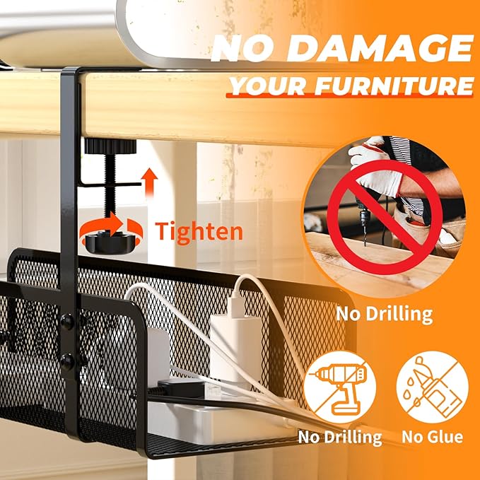 Under Desk Cable Management Tray, Wire Management Cable Organizer Box, Cord Organizer Storage Cable Raceways for Office, Home - No Damage to Desk, No Drill