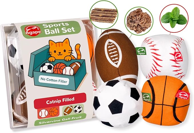 Agape 100% Catnip & Silvervine Filled Cat Toys, Interactive Chew & Kicker Balls for Indoor Cats, Enrichment and Teeth Cleaning Fun for Bored Cats and Kittens, 4 Pack Natural Crinkle Cat Toy with Sound