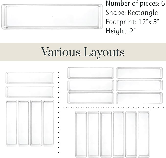 STORi SimpleSort 6-Piece Stackable Clear Drawer Organizer Set | 12" x 3" x 2" Rectangle Trays | Narrow Makeup Vanity Storage Bins and Office Desk Drawer Dividers | Made in USA