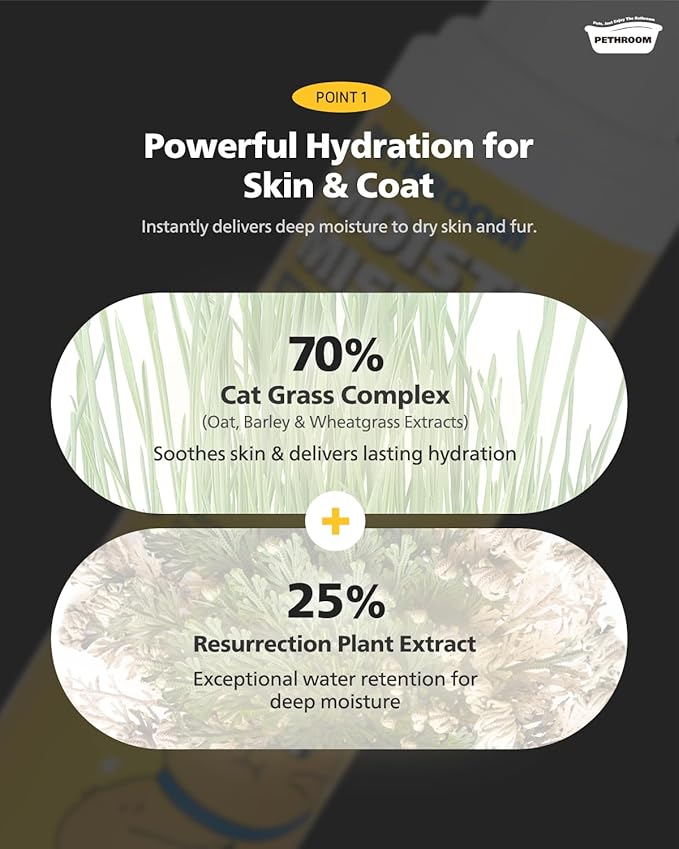 PETHROOM] Unscented Cat Moisture Mist – Natural Leave-In Conditioner Spray for Cats – 95% Plant Extracts– Hydrating, Detangling, Static & Dander Control, 100% EWG Green