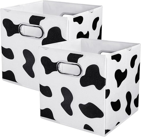 ANMINY 2PCS Cow Print Storage Cubes, 11 Inch Cute Storage Box Baskets with Handles Washable Foldable Cotton Linen Fabric Small Storage Bins for Desktop Closet Shelf Organizer Container Home Office