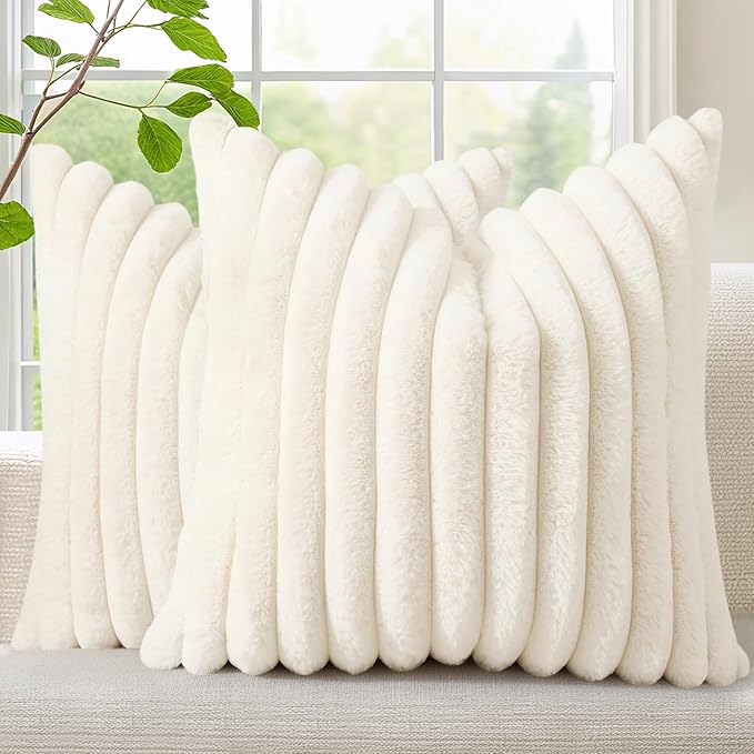 decorUhome Faux Fur Spring Throw Pillow Covers 20x20 Set of 2, Decorative Soft Plush Striped Neutral Couch Pillow Covers with Velvet Back for Sofa, Bed, Living Room Home, Cream White