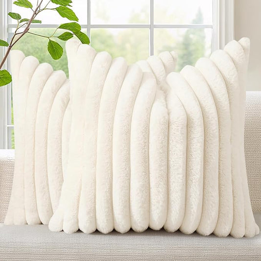 decorUhome Faux Fur Spring Throw Pillow Covers 20x20 Set of 2, Decorative Soft Plush Striped Neutral Couch Pillow Covers with Velvet Back for Sofa, Bed, Living Room Home, Cream White