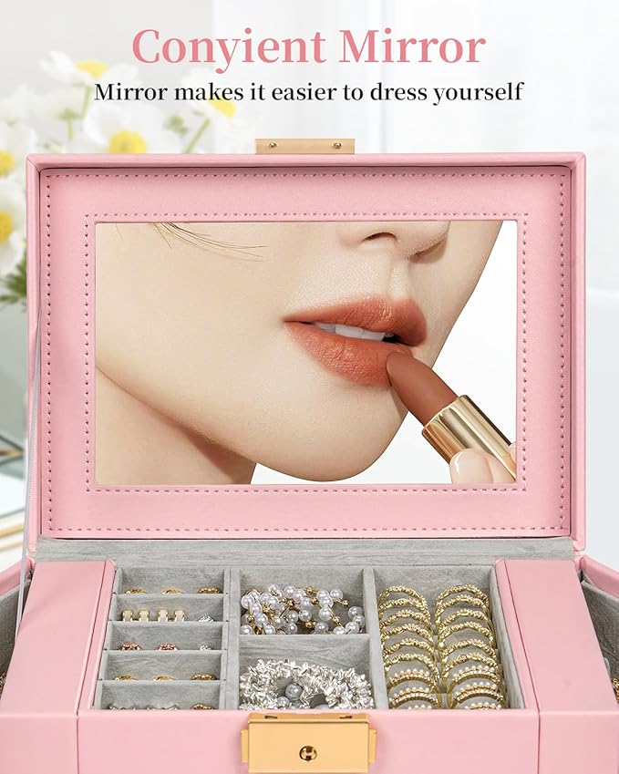 TORIBIO Jewelry Box for Women, Leather Jewelry Organizer with Mirror & Lock, 4-Tier Jewelry Storage Organizer with 3 Drawers for Girls/Women/Mothers, Necklace Earring Bracelets Holder Organizer