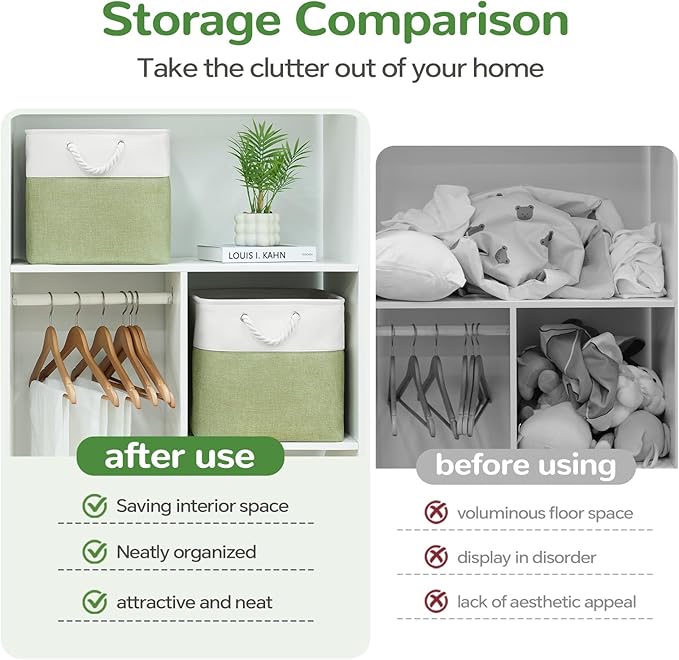 13 x 13 Inch Cube Storage Bins, 6 Pack Fabric Storage Basket with Handles, Foldable Boxes Organizer for Shelf Baskets for Home, Clothes, Toys (White/Green)