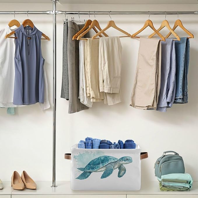 Large Storage Basket Sea Turtle Watercolor Cube Storage Bin Canvas Fabric Organizer Handles Collapsible for Clothes Toys Bedroom Decorative