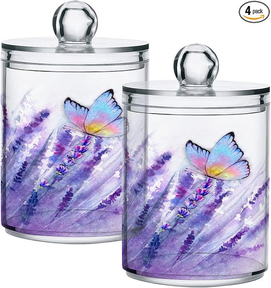 4 Pack Qtip Holder Dispenser Lavender Butterfly Purple Bathroom Storage Canister Lid Acrylic Plastic Apothecary Jar Set Vanity Makeup Organizer for Cotton Swab/Ball/Pad/Floss