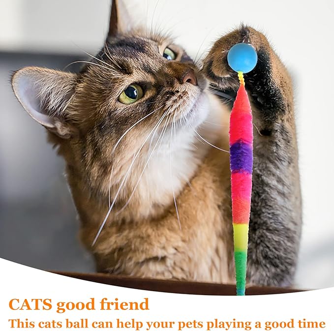 SHENGSEN Bouncy Ball with Tail Cat Toys-5 Packs,Rainbow Large Magic Worm with Ball Toy for Cats,Colorful Fuzzy Worm Bouncy Balls Cat Toy