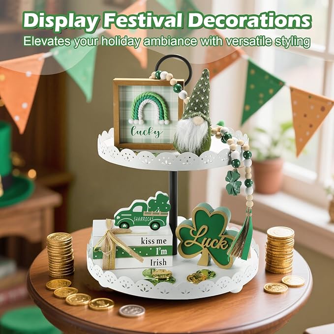 Wooden Two Tiered Tray Stand, Farmhouse Round 2 Tier Decorative Tray with White Metal Floral Edge for Home Kitchen Table Decor, Serving Tray for Coffee Bar Party Weddding Holiday Decorations