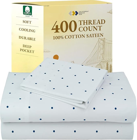 California Design Den Deep Pocket Twin Sheets Set - 400 Thread Count Sateen, Natural 100% Cotton Sheets, and Durable Bedding Set - Polka Dot