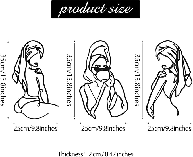 Photect 3 Pcs Metal Wall Art Decor Minimalist Abstract Woman Wall Art Metal Modern Line Drawing Decor Female Single Line Home Hanging for Bedroom Bathroom Living Room Christmas Housewarming(Romantic)