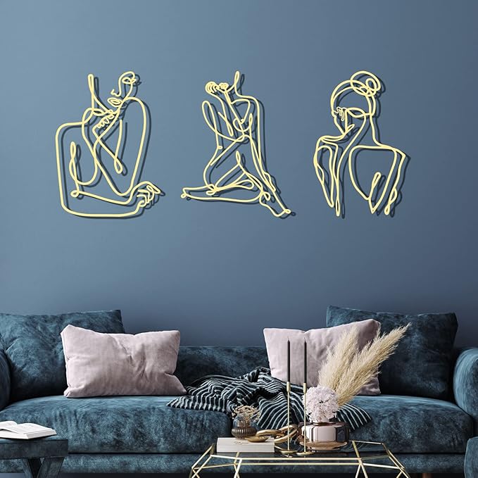 Photect 3 Pcs Metal Wall Art Decor Minimalist Abstract Woman Wall Art metal Modern Line Drawing Wall Art Decor Female Single Line Wall Home Hanging for Bedroom Bathroom Living Room, Gold (Elegant)