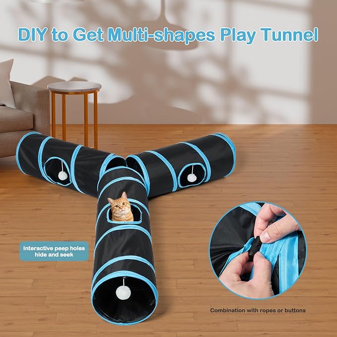 Cat Tunnel 3 Straight Shaped Pet Tunnels, Tube Cat Toys 6 DIY Shapes with Wand Toys, Scratch Resistant Collapsible Cats Tubes for Indoor Puppy, Kitten, Rabbit Black 82in