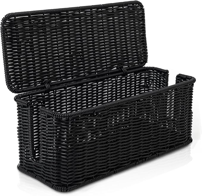 Cable Management Box, Handmade Rattan Cable Organizer, 2 Open Slots Cords Hider Box, Under Desk Cord Organizer for Computer Router USB Hub & Power Strip, Patent Pending, 13" x 5.1" x 5.1", Black