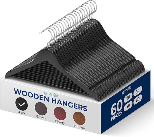 SereneLife 60-Pack Premium Black Wooden Suit Hangers – Heavy-Duty Solid Wood Coat Hangers with 360° Chrome Swivel Hook & Notches – Space-Saving, Non-Slip Design for Shirts, Jackets & Dresses