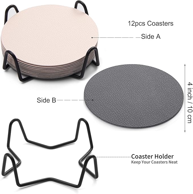 Faux Leather Coasters with Holder, Dual Sided Sets of 12, Non-Slip Washable Coasters for Coffee Tabletop Protection (Gray White)