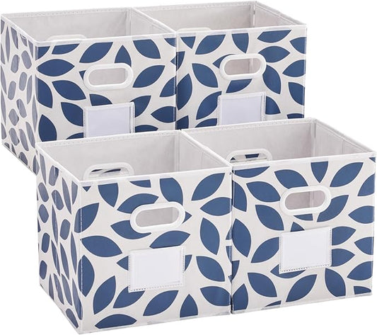 MAX Houser Fabric Storage Bins Cubes Baskets Containers with Dual Plastic Handles for Home Closet Bedroom Drawers Organizers, Flodable, Blue, Set of 4