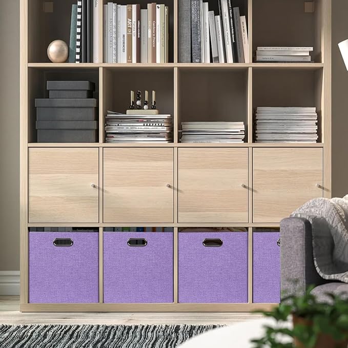 13x15x13 Storage Cube Bins, Foldable Storage Cubes, Fabric Organizer Basket Bin, Solid Containers Decorative Storage Boxes for Shelves Wardrobe Closet Home Office, 4 Pack, Purple