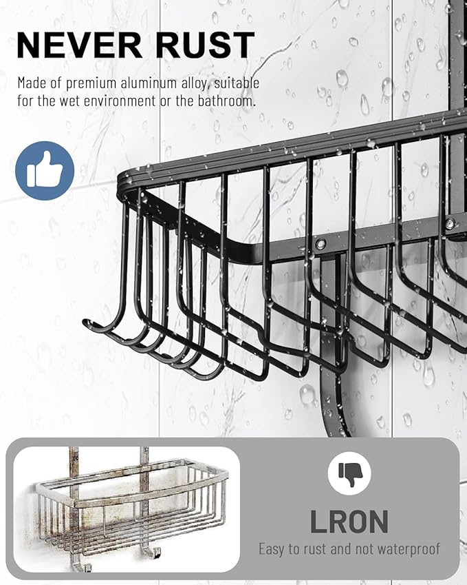 Shower Caddy Hanging - Never Rust Shower Hanging Organizer - Aluminum Over the ShowerHead Caddy with Soap Basket and 6 Hooks for Razor/Sponge (Black)