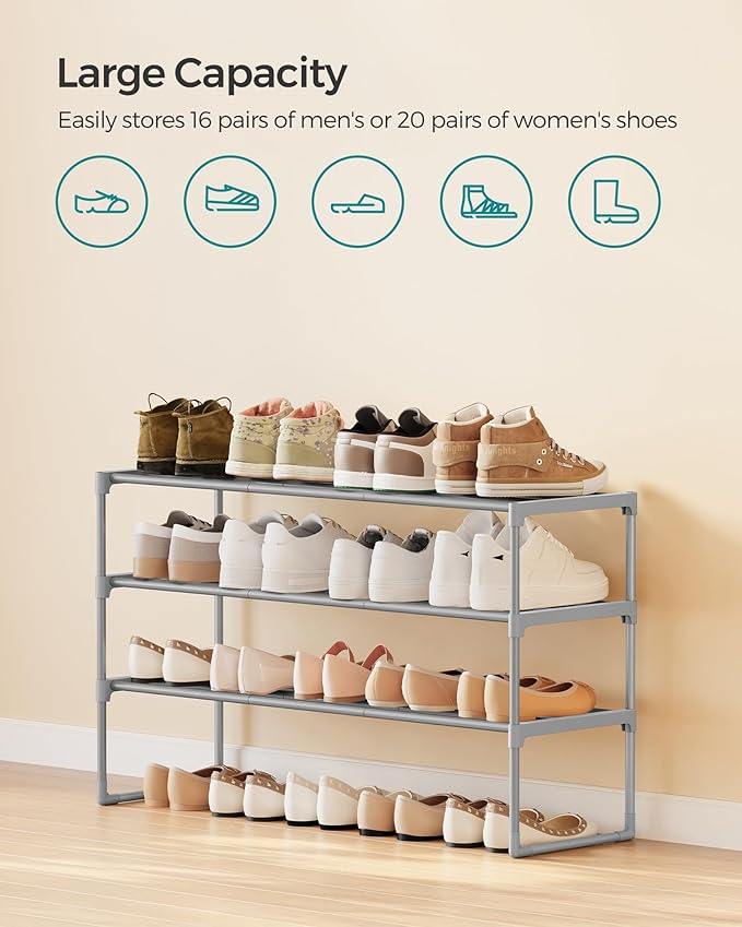 SONGMICS Shoe Rack, 3-Tier Shoe Organizer, Metal Storage Shelf, Upright or Upside Down, for 16-20 Pairs, Stackable, for Entryway, 11.8 x 36.2 x 21.7 Inches, Gray ULSA303G01