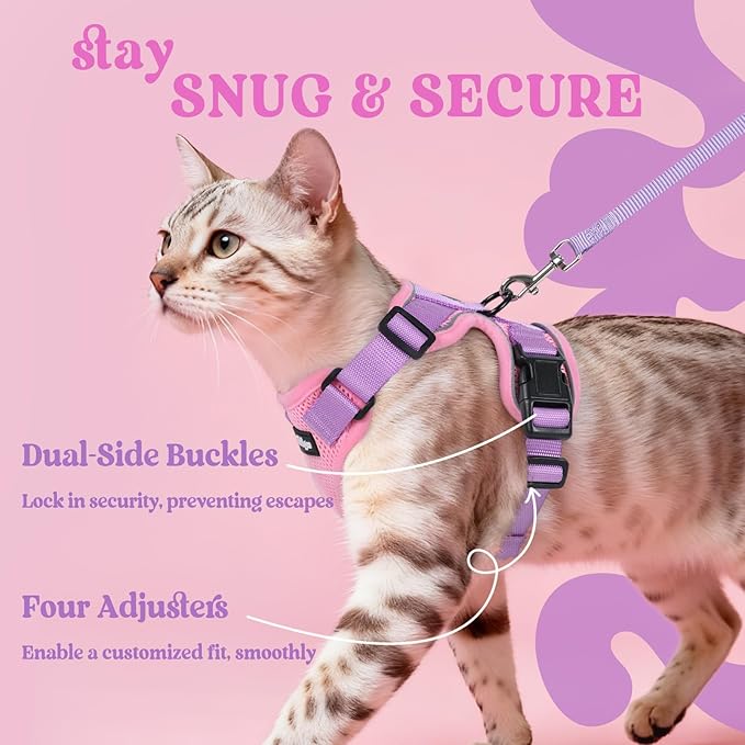 rabbitgoo Cat Harness and Leash for Walking, Escape Proof Soft Adjustable Vest Harnesses for Cats, Easy Control Breathable Reflective Strips Jacket, Pink & Purple, S