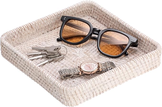 Hipiwe Key Basket for Entryway Table Handwoven Wicker Fruit Tray for Organizing Decor Rattan Serving Tray for Kitchen Living Room Bathroom, Whitewash