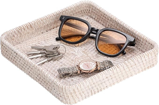 Hipiwe Key Basket for Entryway Table Handwoven Wicker Fruit Tray for Organizing Decor Rattan Serving Tray for Kitchen Living Room Bathroom, Whitewash