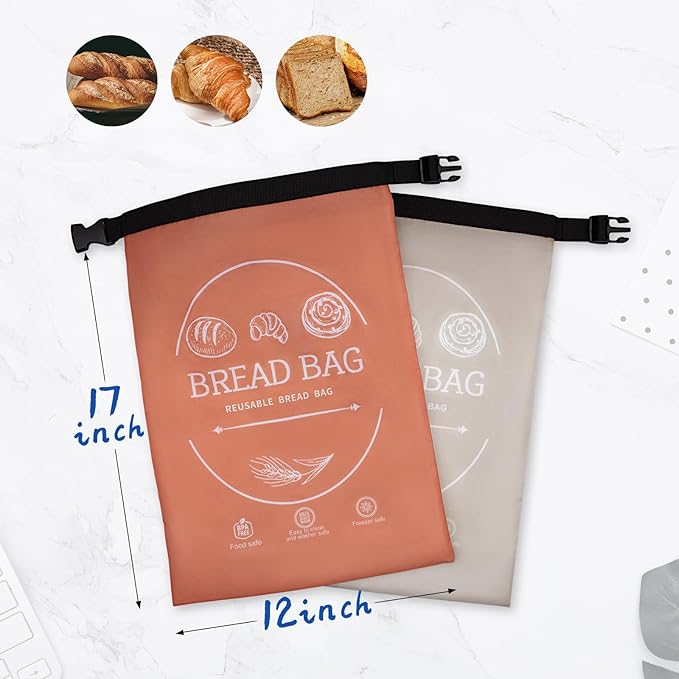 Bread Bags for Homemade with Beeswax Wrap - Zipper Reusable Bread Bag for Sourdough 2-Pack, Reusable Food Storage Bag to Keep Sourdough Fresh, Freezer-Safe, Eco-Friendly (Orange&Grey)