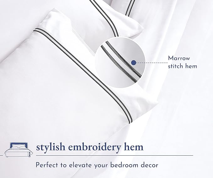 California Design Den King Size Sheet Set - 100% Cotton, 600 Thread Count, Deep Pocket King Sheets, Premium-Feel Bedding with Sateen Weave - White Embroidered Gray