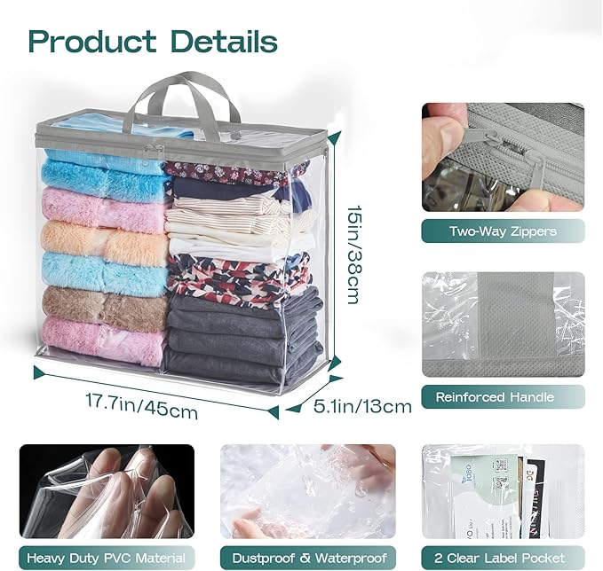 10 Pack Clear Storage Bags for Clothes, 22L Blanket Storage Bags, Under Bed Storage, Closet Organizers Bag, Upgraded Version Two-Way Zippers Design(Grey, 10PACK)