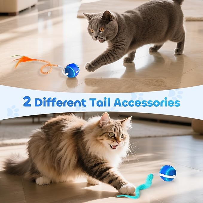 Automatic Interactive Cat Toy Ball for Indoor Cats, Carpet-Safe with Tangle-Free Tail, 3-Mode Touch Activated, Gen 3 High-Capacity 800mAh Battery (6-8H Play), Includes 2 Tails