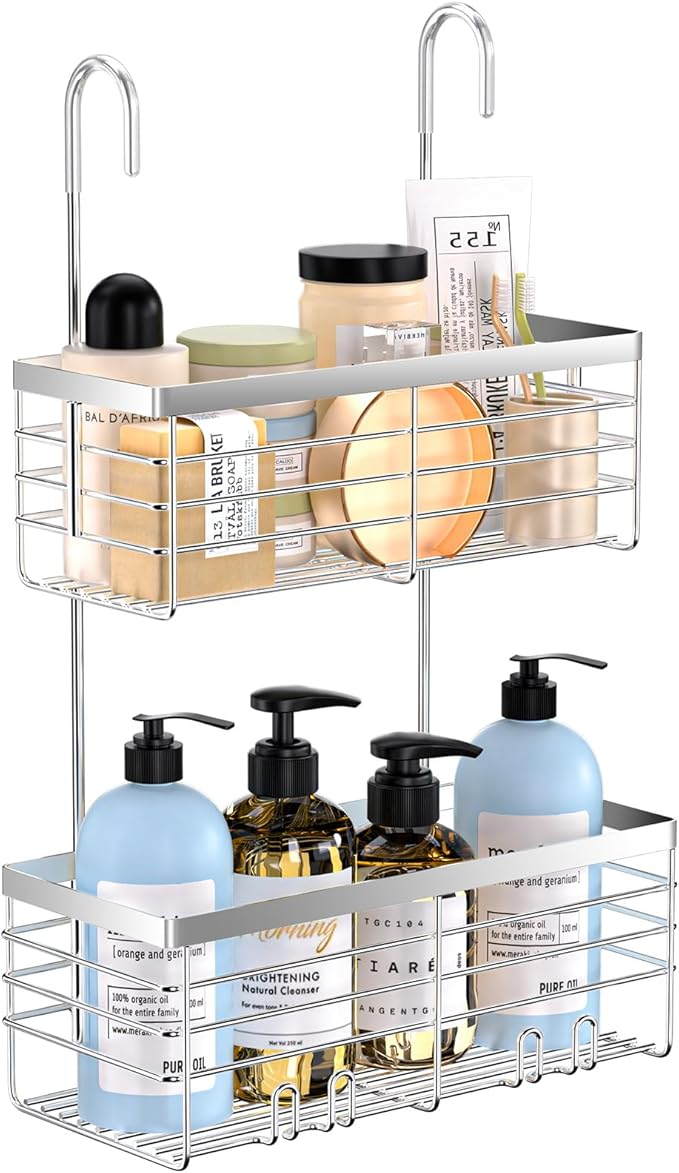 YUOROS Shower Caddy Hanging, 2 Tier Over the Door Shower Organizer Rack 304 Stainless Steel Rustproof (Silver)