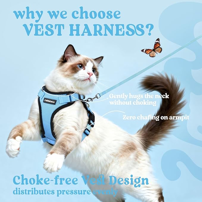 rabbitgoo Cat Harness and Leash for Walking, Escape Proof Soft Adjustable Vest Harnesses for Cats, Easy Control Breathable Reflective Strips Jacket, Light Blue,M
