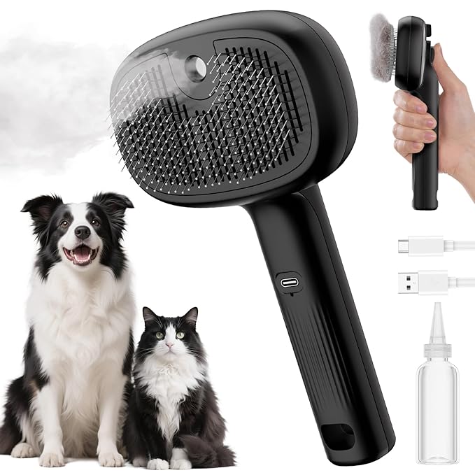 Pecute Cat Steam Brush, Self-Cleaning Steam Cat Brush with 2 Water Spray Modes, Large Capacity Tank, Steaming Renu Dog Brush for Shedding Massaging Grooming, Cool Mist Only
