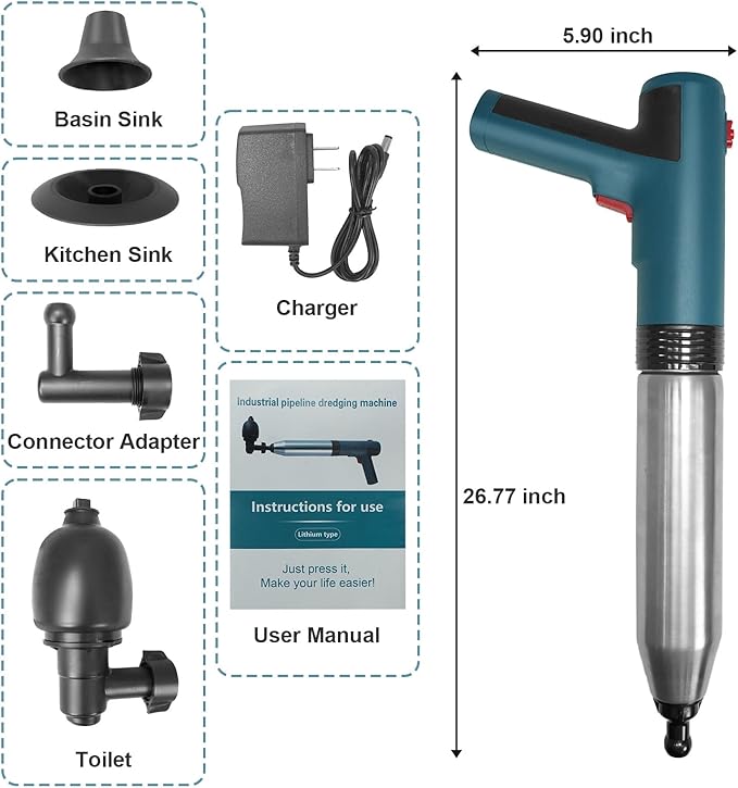 Electric Toilet Plunger,High Pressure Toilet Plunger,For Bathroom Floors Shower Kitchen Drain Sinks Unclogger, Heavy Duty Clog Remover Declogger Toilet Plumbing Clogs